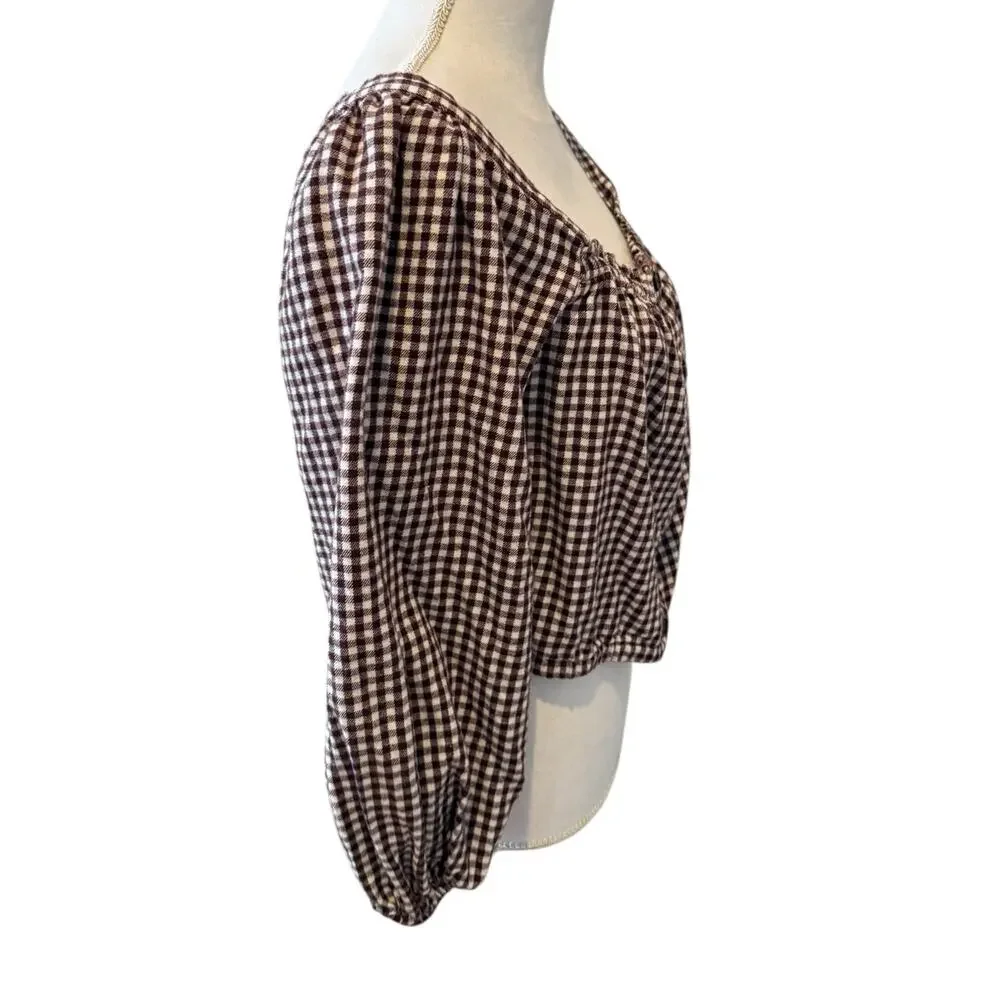 Madewell Puff Sleeve Cropped Flannel Top Chocolate Gingham Plaid M